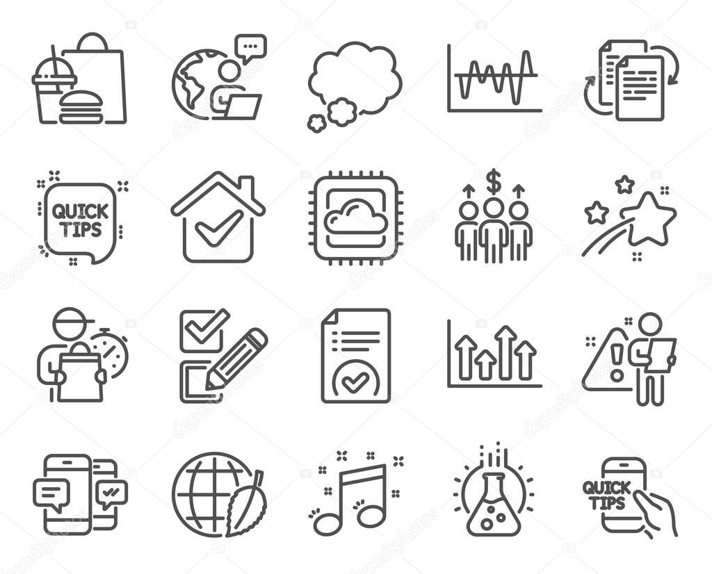 Education icons set. Included icon as Checkbox, Quick tips, Chemistry lab signs. Meeting, Talk bubble, Smartphone sms symbols. Stock analysis, Bureaucracy, Education. Musical note. Vector
