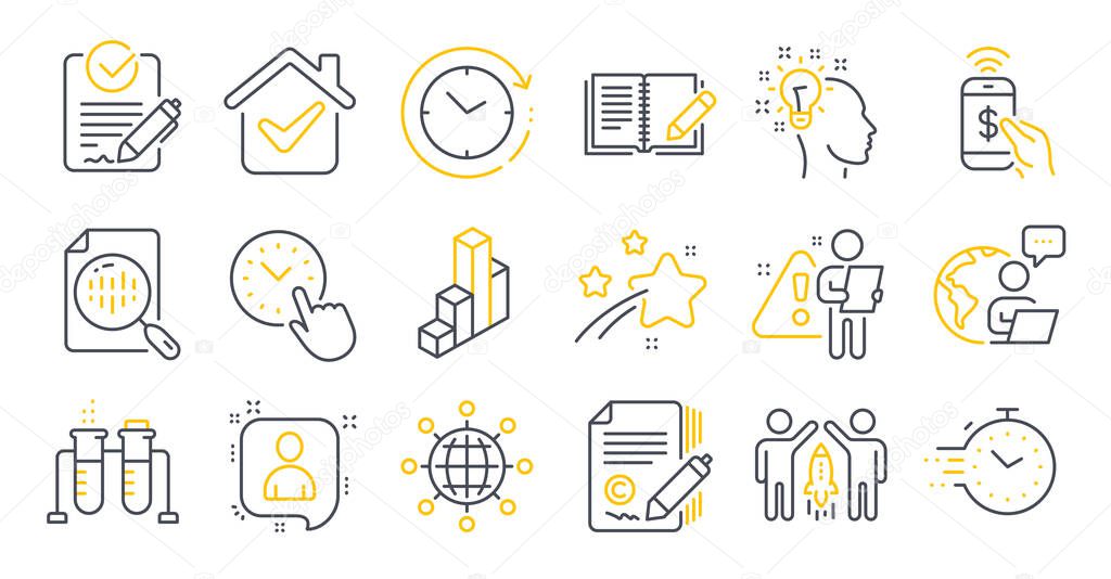 Set of Education icons, such as Feedback, Timer, Rfp symbols. Developers chat, Copywriting, Chemistry beaker signs. Partnership, Analytics chart, Idea. International globe, Time management. Vector