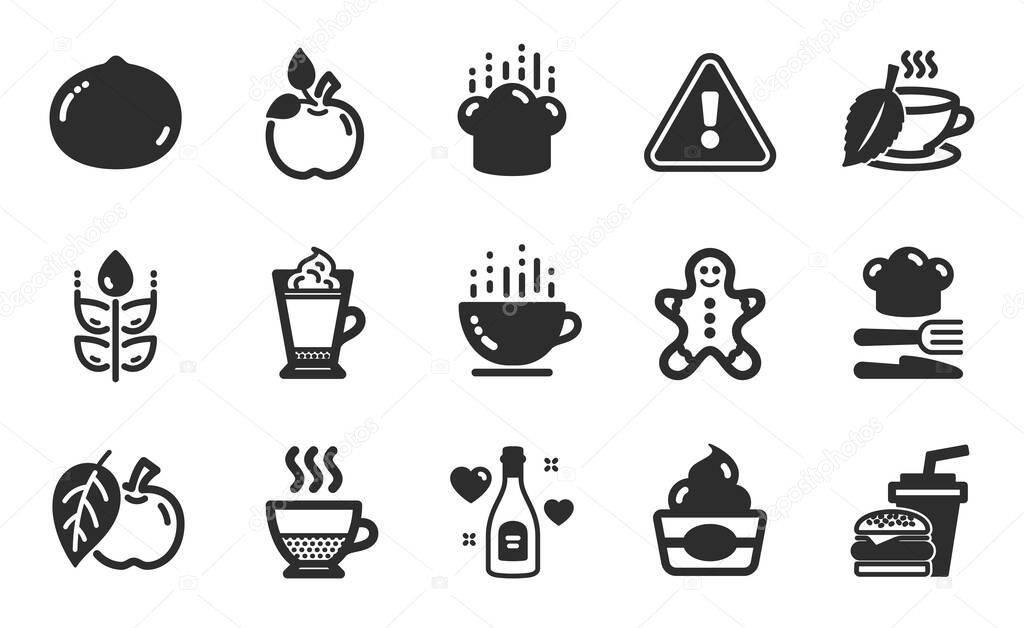 Mint tea, Ice cream and Macadamia nut icons simple set. Love champagne, Apple and Food signs. Eco food, Gingerbread man and Gluten free symbols. Doppio, Cooking hat and Coffee cup. Vector