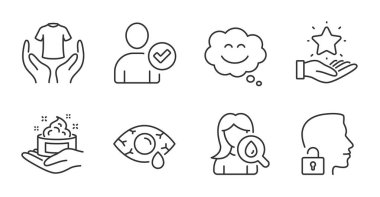 Tişört, kimlik doğrulandı ve gülümseme sohbet hattı simgeleri ayarlandı. Göz konjonktivit, sadakat programı ve nemlendirici krem işaretleri. Kilit açma sistemi, cilt bakım sembolleri. Kaliteli çizgi simgeleri. Vektör