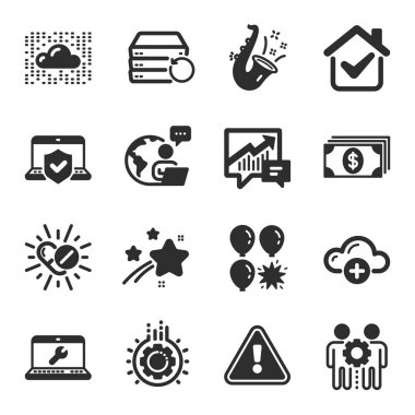 Bulut hesaplama, Jazz, Gear sembolleri gibi iş simgeleri. Bulut sistemi, dizüstü bilgisayar tamiri, çalışanlar takım çalışması tabelaları. Tıbbi ilaçlar, Kurtarma sunucusu, dizüstü bilgisayar sigortası. Muhasebe. Vektör