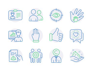 İnsan simgeleri ayarlandı. Üç parmak olarak simge, teknik belgeler, çalışanların takım çalışması işaretleri dahil. Kullanıcılar, Telif Hakları, Sunum Kurulu sembolleri. Göz hedefi, sosyal sorumluluk. Vektör