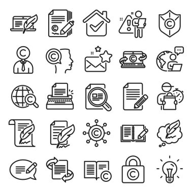 Kitap satırı simgeleri kopyalanıyor. Telif Hakları Koruma, İmza ve Geribildirim simgeleri. Daktilo, fikir ve mesaj kopyalama. Kitap yaz, yasal telif hakkı, içerik yazarı. Ampul. Vektör