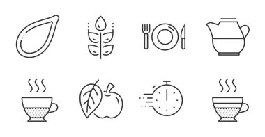 Süt sürahisi, Gıda ve Doppio hattı simgeleri hazır. Yemek saati, elma ve glüten tabelaları. Kafe kreması, kabak tohumu sembolleri. Taze içecek, restoran, kahve. Yiyecek ve içecek seti. Vektör
