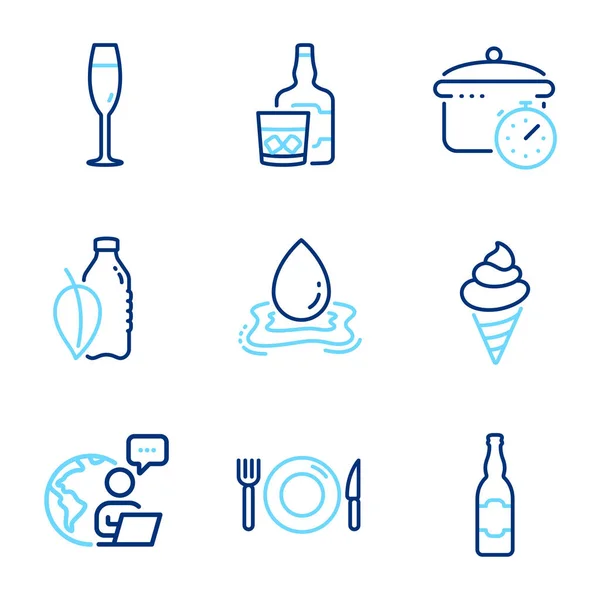 Food and drink icons set. Included icon as Champagne glass, Beer bottle, Food signs. Water bottle, Ice cream, Water splash symbols. Boiling pan, Whiskey glass line icons. Winery, Craft beer. Vector