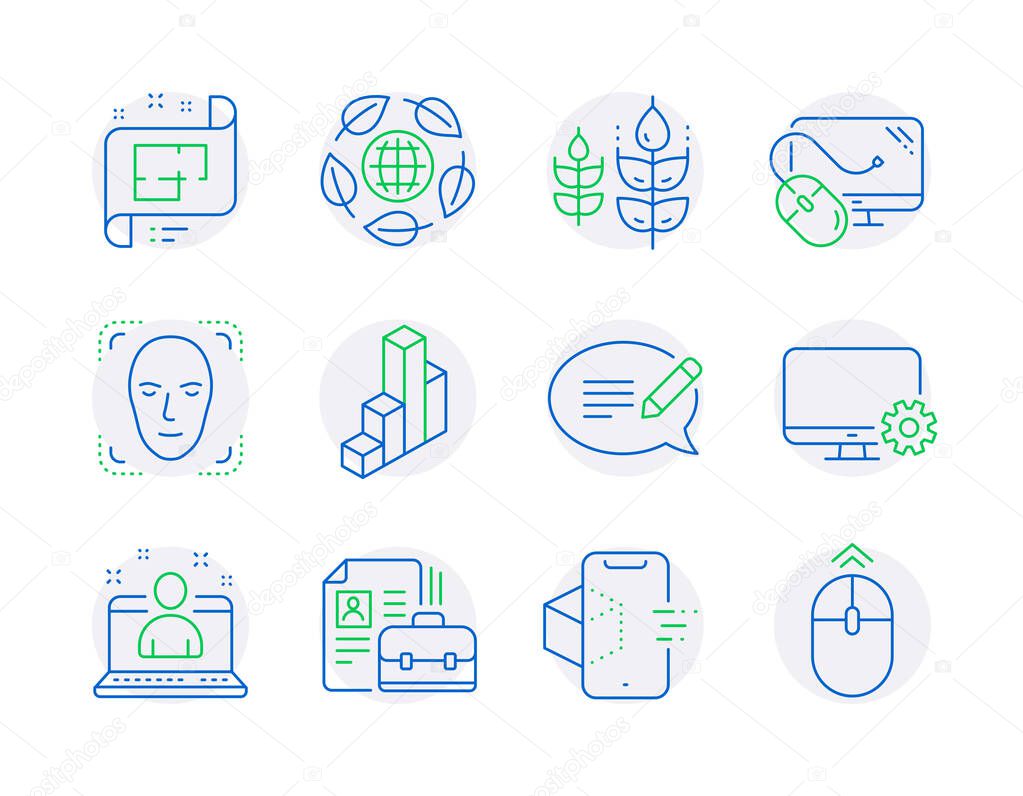 Science icons set. Included icon as Message, Architectural plan, Gluten free signs. Best manager, 3d chart, Computer mouse symbols. Augmented reality, Face detection, Monitor settings. Vector