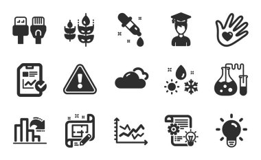 Sosyal sorumluluk, bulutlu hava ve basit öğrenci simgeleri. Ampul, kontrol listesi ve glütensiz işaretler. Bilgisayar kabloları, mimarlık planı ve çark sembolleri. Düz simgeler ayarlandı. Vektör