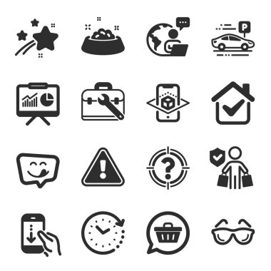 İş simgeleri kümesi, parşömen aşağı kayma, sunum, zaman değişim sembolleri gibi. Alet çantası, gözlük, kelle avcısı işaretleri. Arttırılmış gerçeklik, alışveriş arabası, araba park etme. Alıcı sigortası. Vektör