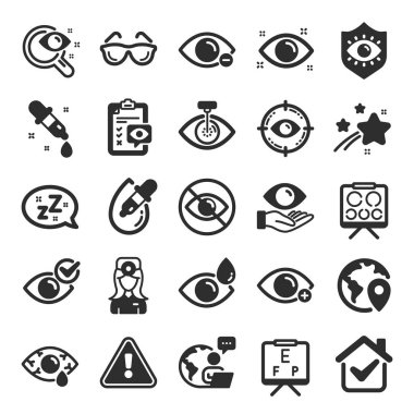 Optometri, Göz Doktoru ikonları. Tıbbi lazer ameliyatı, gözlük ve göz damlası. Pembe göz, Katarakt ameliyatı ve alerji ikonları. Görme sorunu, gözlükçüler kurulu, göz doktoru çizelgesi. Düz simge seti. Vektör