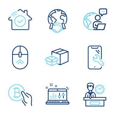 Teknoloji simgeleri ayarlandı. Smartphone onarımı, Bitcoin ödemesi, kutu ambalajı gibi simgeler de dahil. Ev güvenliği, küresel iş, ses kontrol sembolleri. Sunum zamanı, satır simgelerini kaydır. Vektör