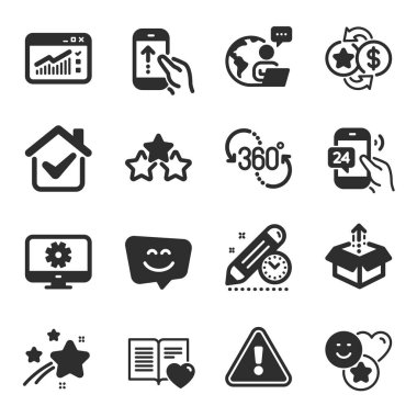 360 derece, gülen yüz, sembolleri kaydırmak gibi bir dizi teknoloji ikonu. Web trafiği, proje teslim tarihi, sadakat işaretleri. Aşk kitabı, 24 saat hizmet, gülümseme. Yıldızlar, kutuyu gönderin. Vektör