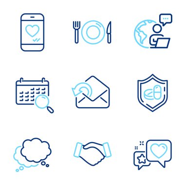 İş simgeleri ayarlandı. Aşk sohbeti, yemek, kalp işaretleri gibi ikonları da içeriyor. Arama takvimi, konuşma balonu, posta simgeleri gönder. Tokalaşma, tıbbi tablet çizgisi simgeleri. Akıllı telefon, Restoran. Vektör