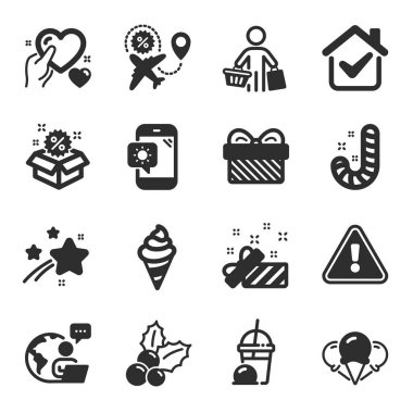 Dondurma, uçuş indirimi, hediye sembolleri gibi bir dizi tatil ikonu. Burada, Sale, kalp işaretlerini beklet. Dondurma, alıcı, hava durumu telefonu. Şeker, Noel kutsallığı simgeleri. Düz simgeler ayarlandı. Vektör