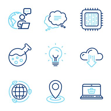 Teknoloji simgeleri ayarlandı. Çevrimiçi alışveriş simgesi, Cloud indirme, işlemci işaretleri dahil. Yer, mesaj, kimya laboratuarı sembolleri. Enerji, Eko enerji hattı simgeleri. Satır simgeleri ayarlandı. Vektör