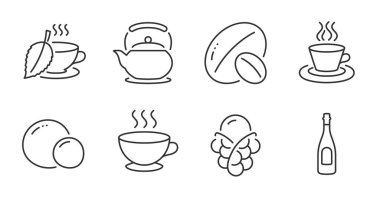 Çaydanlık, dondurma ve kahve fincanı çizgisi simgeleri. Şampanya, çay fincanı ve bezelye tabelyesi. Soya fıstığı, nane çayı sembolleri. Balonlu waffle, sıcak içecek, kutlama içeceği. Yiyecek ve içecek seti. Vektör