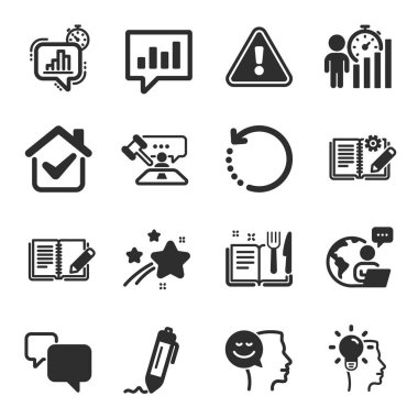 Eğitim simgeleri kümesi, örneğin Kurtarma verileri, Yemek Kitabı, Analitik sohbet sembolleri. Mühendislik belgeleri, imza, Yargıç çekiç işaretleri. İstatistik zamanlayıcısı, konuşma balonu, fikir. Vektör
