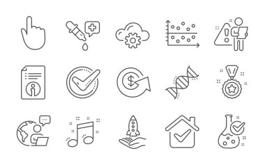 Teknik bilgi, kimya laboratuvarı ve kimya DNA çizgisi simgeleri hazır. Nokta arsa, kitle fonlama ve kazanan ödül tabelaları. Dolar değişimi, el tıklama ve onaylanmış semboller. Satır simgeleri ayarlandı. Vektör
