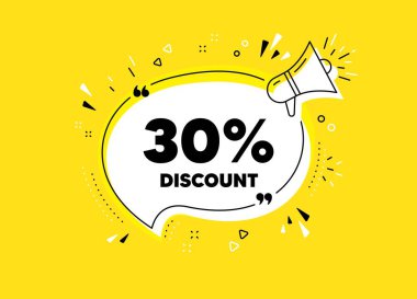 Yüzde 30 indirim. Megafon sarı vektör pankartı. Satılık fiyat tabelası. Özel teklif sembolü. Tırnak içinde düşünce balonu. İndirimli sohbet megafon mesajını düşün. Vektör