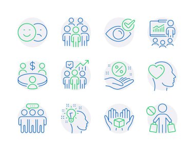 İnsan simgeleri ayarlandı. Denetim Gözü olarak simge, çalışanlar grubu, kredi yüzde işaretleri dahil. Fikir, Sunum, İş İstatistikleri Sembolleri. Grup üyeleri, toplantılar falan. Dostum, kutuyu tut. Vektör