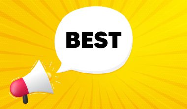 En iyisi bu. Sarı arka plan ve megafon. Özel indirimli tabela. Reklam indirimi sembolü. Megafon bayrağı. En iyi konuşma balonu. Hoparlör arkaplanı. Vektör