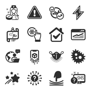 Bakteri, Enerji, Hemşire sembolleri gibi bir dizi bilim simgesi. Elastik, Yolculuk yolu, Artırılmış gerçeklik işaretleri. Dondurucu tıklama, istatistik, online sınav. Web sitesi istatistikleri, soru işareti. Vektör