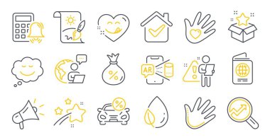 Hesap makinesi alarmı, kredi ve pasaport sembolleri gibi iş simgeleri. Yaprak çiğ, artırılmış gerçeklik, sosyal sorumluluk işaretleri. Konuşma balonu, yaratıcı resim, megafon. Araba kiralama. Vektör