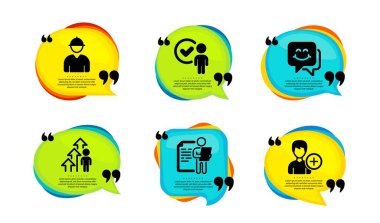 İş görüşmesi, çalışanın sonucu ve doğrulama uzmanı simgeleri basit ayarlar. Tırnak içinde konuşma balonu. Gülen surat, mühendis ve insan işaretleri ekle. Özgeçmiş dosyası, iş büyümesi, onaylanmış müşteri. Vektör