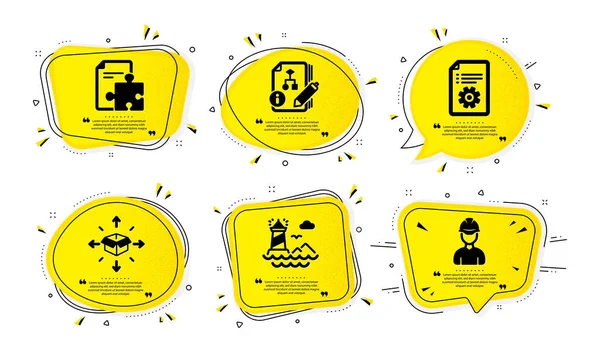 Algorithmus Leuchtturm Und Technische Dokumentation Symbole Einfach Gesetzt Gelbe Sprechblasen — Stockvektor
