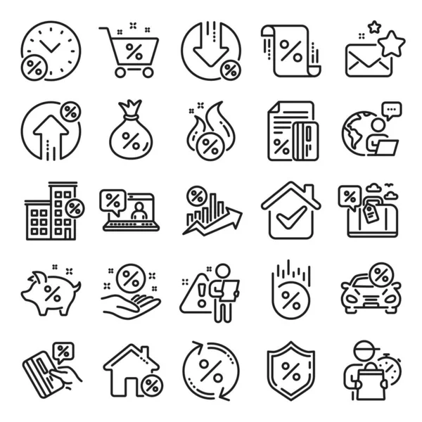 Borç çizgisi simgeleri. Yatırım, Faiz oranı ve Yüzdelik diyagram simgeleri kümesi. Araba kiralama, analiz planı, kredi kartı yüzdesi ve kredi oranı. Banka ipoteği, kiralama, faiz grafiği. Vektör