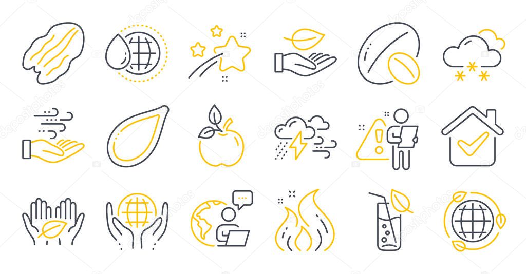 Set of Nature icons, such as Fair trade, Pumpkin seed, Eco energy symbols. Organic tested, Pecan nut, Wind energy signs. World water, Soy nut, Eco food. Bad weather, Leaf, Water glass. Vector