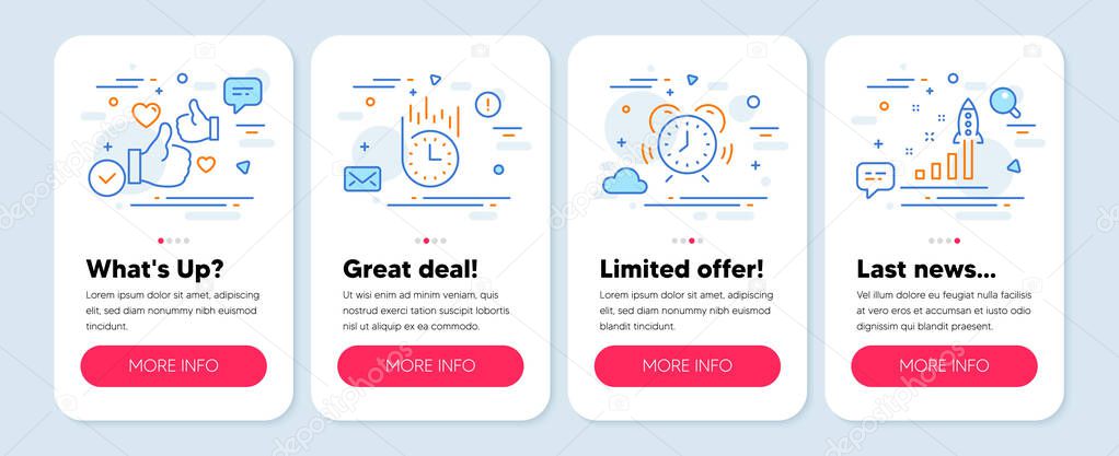 Set of Business icons, such as Like, Time management, Fast delivery symbols. Mobile app mockup banners. Development plan line icons. Thumbs up, Alarm clock, Stopwatch. Strategy. Like icons. Vector