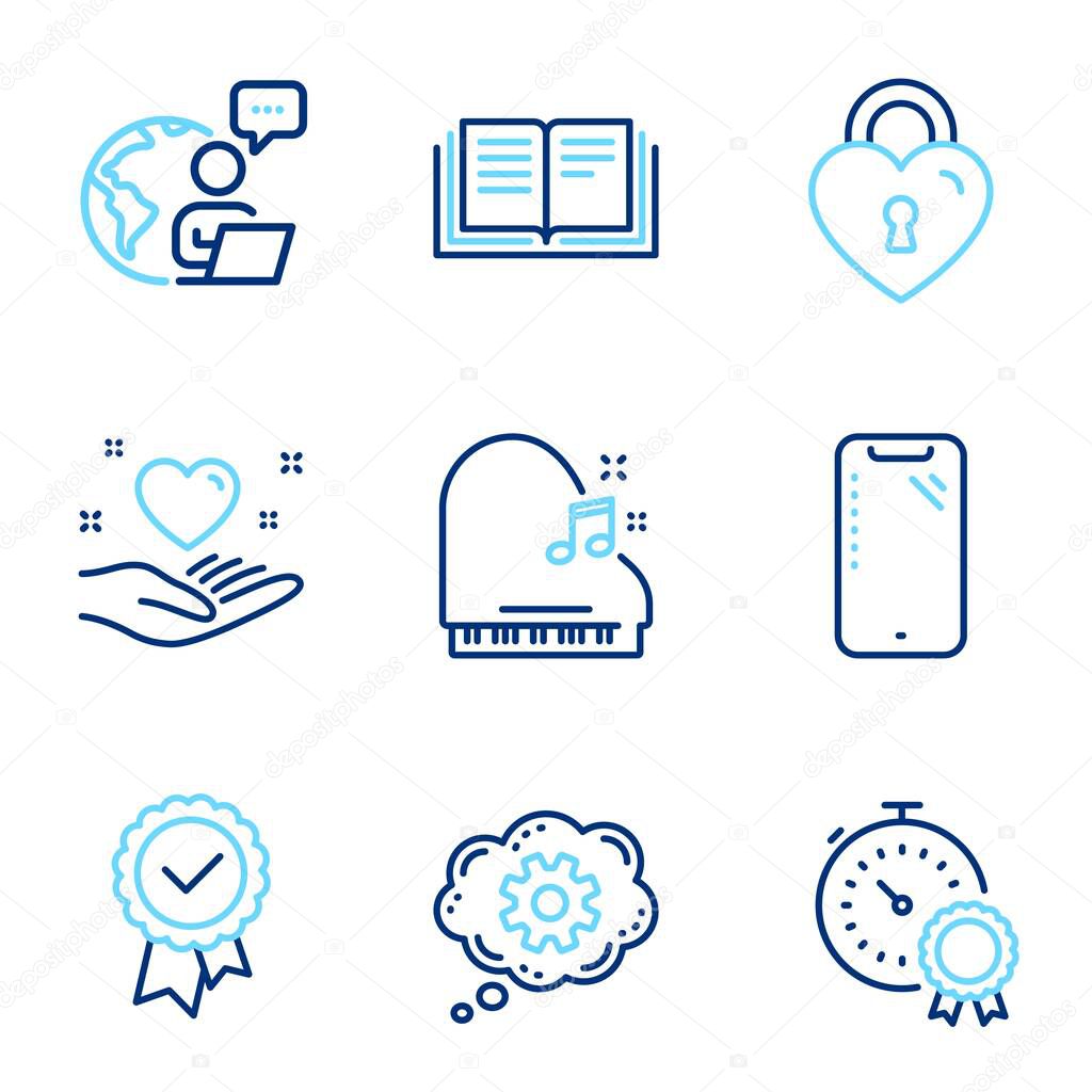 Business icons set. Included icon as Tested stamp, Piano, Education signs. Love lock, Cogwheel, Smartphone symbols. Hold heart, Best result line icons. Approved award, Fortepiano. Vector