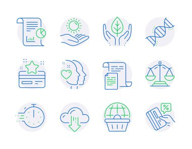 Business icons set. Included icon as Sun protection, Fair trade, Online shopping signs. Report, Cooking timer, Justice scales symbols. Loyalty card, Documents, Heart. Chemistry dna. Vector clipart