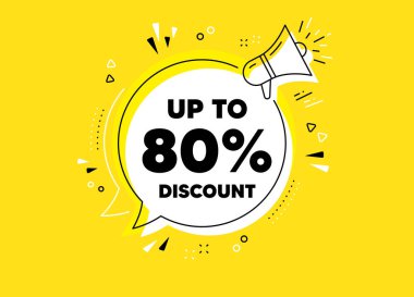Yüzde 80 'e kadar indirimli. Megafon sarı vektör pankartı. Satılık fiyat tabelası. Özel teklif sembolü. Yüzde 80 tasarruf ederiz. Tırnak içinde düşünce balonu. Vektör