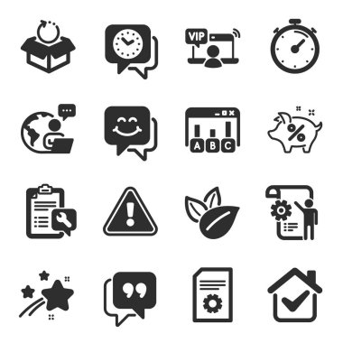 Anket sonuçları, organik ürünler, gülen yüz sembolleri gibi bir dizi teknoloji ikonu. Zamanlayıcı, Vip erişimi, kredi yüzde işaretleri. Dosya ayarları, Ayarlar planı, Dönüş paketi. Saat. Vektör