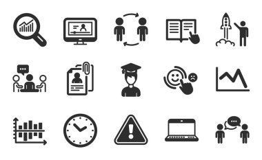 Interview documents, Online video and Line chart icons simple set. Consulting business, Workflow and Time signs. People chatting, Launch project and Student symbols. Flat icons set. Vector