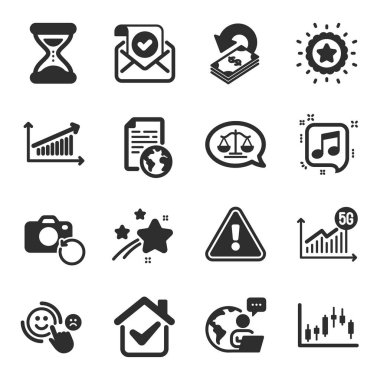 Set of Education icons, such as 5g statistics, Cashback, Confirmed mail symbols. Internet document, Musical note, Recovery photo signs. Candlestick graph, Chart, Customer satisfaction. Vector