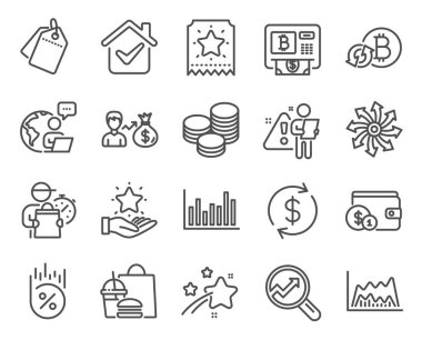 Finance icons set. Included icon as Tips, Analytics, Loyalty program signs. Loyalty ticket, Bar diagram, Refresh bitcoin symbols. Versatile, Loan percent, Trade chart. Bitcoin atm, Sallary. Vector