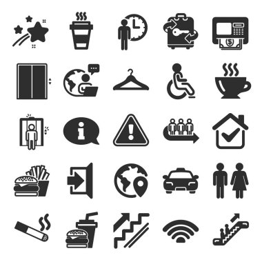 Kamu Hizmetleri, Wifi simgeleri. Asansör, vestiyer ve taksi ikonları. Çıkış, ATM ve yürüyen merdiven. Eş, asansör ya da restoran yemeği. Vestiyer, bilgi, kahve ve sigara. Vektör