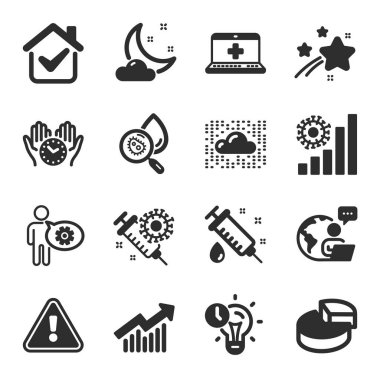 Tıbbi yardım, tıbbi şırınga, çark sembolleri gibi bilim simgeleri. Su analizi, talep eğrisi, güvenli zaman işaretleri. Zaman yönetimi, Coronavirus istatistikleri, turta çizelgesi simgeleri. Vektör