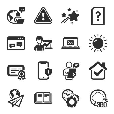 Güneş enerjisi, e-posta, zaman yönetim sembolleri gibi bir dizi teknoloji ikonu. Akıllı telefon koruması, eğitim, 360 derece. Başarı işi, Tarayıcı penceresi, Müşteri araştırması. Vektör