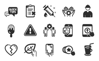 Kokteyl, hızlı bahşiş ve kırık kalp simgeleri. Tıbbi şırınga, yukarı çek ve organik testler yap. Çalışan el, Reddetme listesi ve dondurma sembolleri. Düz simgeler ayarlandı. Vektör