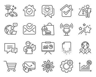 Teknoloji simgeleri ayarlandı. Sunum, Kurtarma dosyası, Yorum işaretleri olarak simge eklendi. Elektrik süpürgesi, küresel işletme, 5G istatistik sembolleri. Arkadaşlar sohbet eder, çark, bilgisayar faresi. Çok yönlü. Vektör