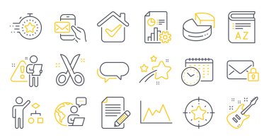 Madde, Haberci, güvenli posta sembolleri gibi eğitim simgeleri. Pasta çizelgesi, takvim zamanı, zamanlayıcı işaretleri. Elektro gitar, Algoritma, Yıldız Hedefi. Diyagram, kurye postası, kelime haznesi. Vektör
