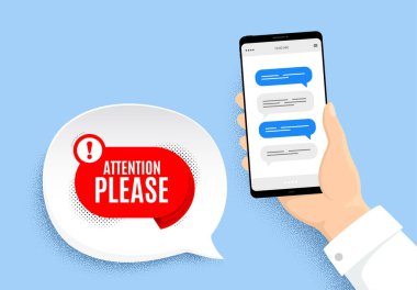 Lütfen dikkat, afiş. Sohbet mesajları içeren el ele tutuşmalar. Uyarı balon etiketi. Özel teklif etiketi. Dikkat, lütfen rozet. Sohbet baloncukları olan akıllı telefon. Vektör