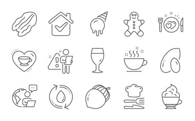 Bayılırım kahve, kapuçino kreması ve bira cam çizgisi ikonları. Zencefilli çörek adam, yiyecek ve kahve tabelaları. Suyu doldur, romantik akşam yemeği ve meşe palamudu sembolleri. Fındık, dondurma ve fıstık. Vektör