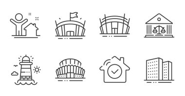 Deniz feneri, yeni ev ve arena hattı simgeleri hazır. Arena Stadyumu, Binalar ve Spor Stadyumu tabelası. Ev güvenliği, mahkeme binası sembolleri. Beacon kulesi, ev satın alma, spor kompleksi. Vektör