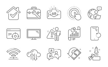 Bulut senkronizasyonu, İnovasyon ve Wifi çizgi simgeleri ayarlandı. Alet çantası, Seo 'nun hedef alması ve akıllı telefon kurtarma işaretleri. Monitör, Artırılmış Gerçeklik ve Destek sohbet sembolleri. Satır simgeleri ayarlandı. Vektör