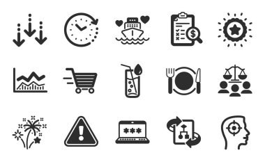 Havai fişekler, Laptop şifresi ve Kazanan yıldız simgeleri basit seti. Teknik algoritma, aşağı kaydır ve teslimat alışveriş işaretleri. Mahkeme jürisi, zaman değişimi ve balayı seyahat sembolleri. Düz simgeler ayarlandı. Vektör