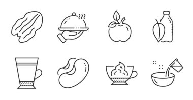 Çevre yiyecekleri, restoran yemekleri ve Latte marka ikonlar hazır. Su şişesi, ceviz ve kavrulmuş su tabelaları. Fasulye, Espresso krem sembolleri. Organik test, oda servisi, kahve içeceği. Vektör